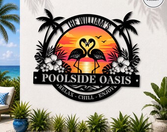 Flamingo Palm Tree Oasis Sign Metal Sign, Poolside Decor, Palm Trees Decor, Custom Backyard Oasis Sign, Patio Sign Outdoor Wall Decor Sunset