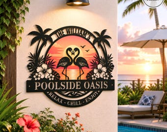 Personalized Flamingo Palm Tree Oasis Metal Sign Tropical Pool Decor Outdoor Pool House Wall Art, Rustic Backyard Oasis Gifts for Couples