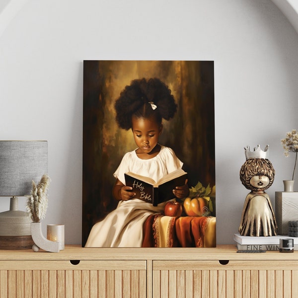 Reading Holy Bible Canvas, African American Art, Black Art, African American Children's Art, Religious Wall Art