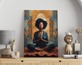 Meditating Black Woman, Black Girl Yoga Meditating Poster, Black Woman Yoga, Yoga Mediation Decor, Yoga Namaste, Black Woman Canvas