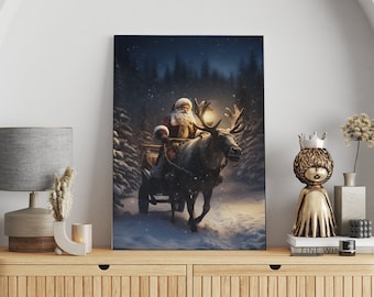 Weihnachten Weihnachtsmann Gemälde, Weihnachtsmann Bild, Weihnachtsmann Leinwanddruck, Vintage Weihnachtsmann Kunstdruck, Weihnachtsmann mit Rentier, Wohnzimmer Dekor