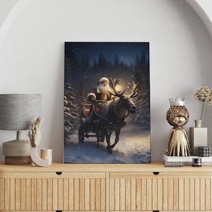 Christmas Santa Painting, Santa Picture, Santa Canvas Print, Vintage Santa Art Print, Santa With Reindeer, Livingroom Decor