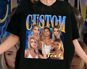 May include: Black t-shirt featuring a graphic with the word "CUSTOM" in a blue and gold gradient font. The graphic includes a collage of five women with a "Text" overlay in gold.