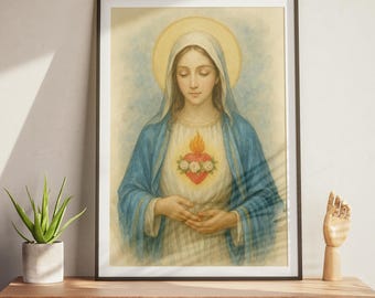 Impresión del Inmaculado Corazón de María, arte mariano en acuarela, decoración de pared católica, Santísima Virgen María, Sagrado Corazón, póster religioso y lienzo.