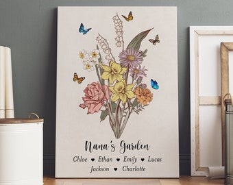 Pôster personalizado do jardim da vovó com os nomes dos netos, presente em tela personalizado para a mãe, buquê de flores personalizado para o mês de nascimento da família, presente para a vovó.