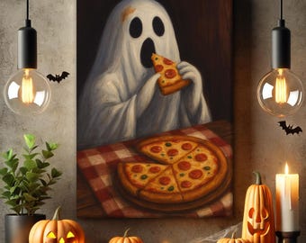OMG Pizza Print, Funny Ghost Eating Pizza Wall Art, Gothic Home Decor, Spooky Cute Ghost Print, Humorous Halloween Art, Ghost with Pizza