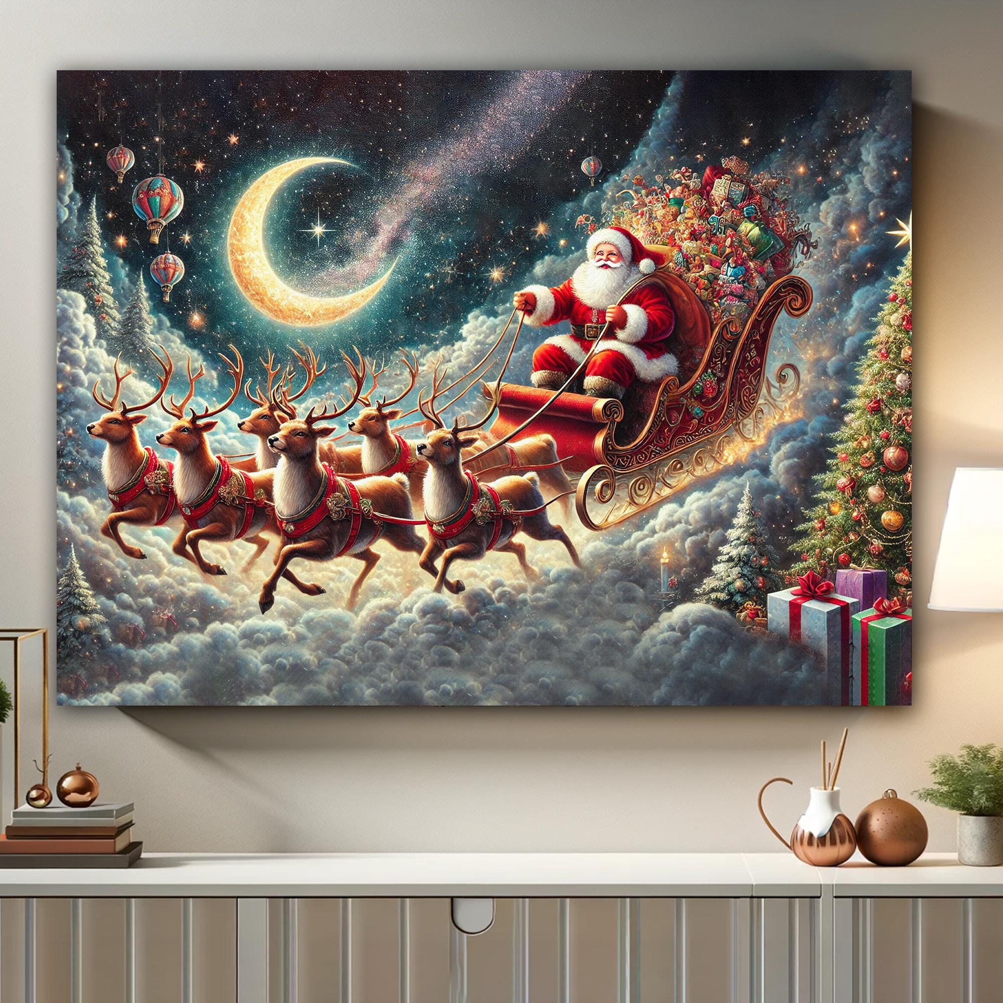 Santa Sleigh Wall Art Canvas, Christmas Decor Featuring Santa Claus ...