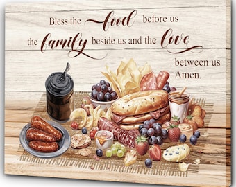 Kitchen Canvas, Bless The Food Before Us The Family Beside Us, Christian Home Decor, Christmas Wall Art, Farmhouse Decor, Thanksgiving Gift