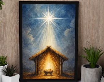 Nativity Scene Canvas, Christmas Manger Wall Art, Baby Jesus Painting, Holy Night Star Print, Christian Christmas Decor, Religious Gift