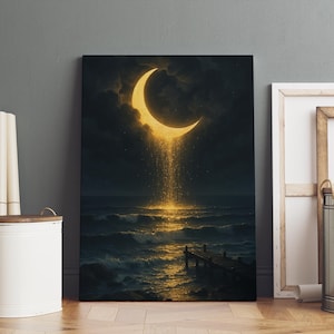 Art mural sur toile lune sur l'océan, décoration murale scène de nature tranquille, peinture ciel nocturne surréaliste, croissant de lune, cadeau mystique pour les amoureux de la lune