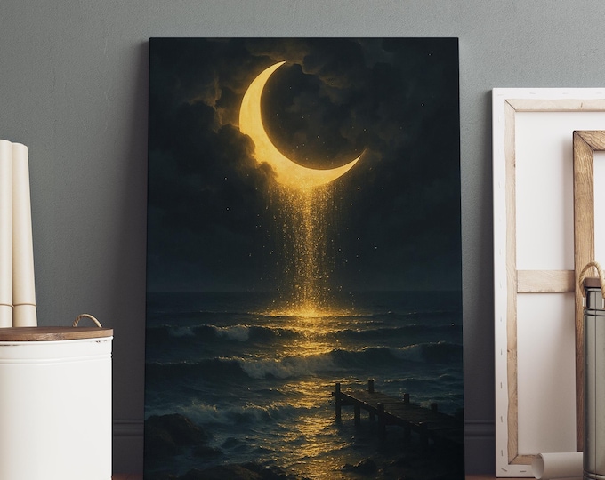 Moon Over Ocean Canvas, Moon Wall Art Tranquil Nature Scene Decor, Surreal Night Sky Painting, Crescent Moon, Mystical Gift for Moon Lovers