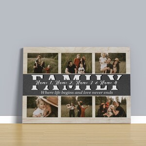 May include: A collage of six photos of a family, with the word "FAMILY" in large white letters on a gray background. The text below reads "Name 1, Name 2, Name 3 & Name 4" and "Where life begins and love never ends".