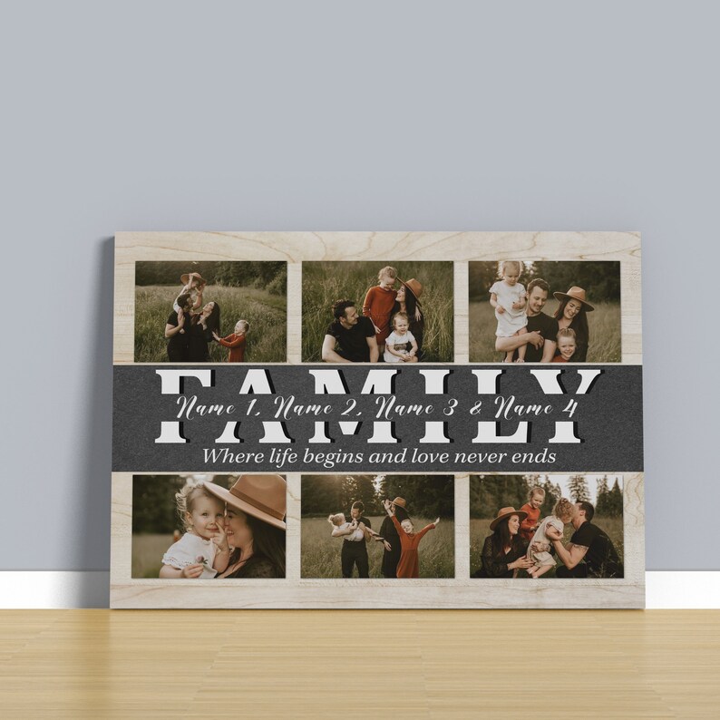 May include: A collage of six photos of a family, with the word "FAMILY" in large white letters on a gray background. The text below reads "Name 1, Name 2, Name 3 & Name 4" and "Where life begins and love never ends".