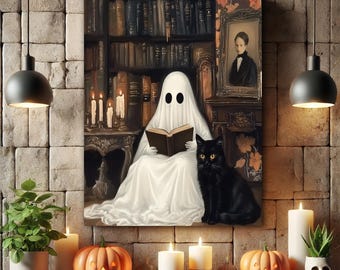 Quadro de parede Fantasma Lendo, Pôster Vintage de Halloween com Fantasma, Tela Biblioteca Fantasma para Amantes de Livros, Impressão Gótica Aconchegante e Assustadora, Decoração Dark Academia