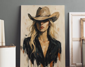 Cowgirl kunst aan de muur, blond haar vrouw in cowboyhoed, rustiek western canvas, boerderij decor stijl voor unieke, moderne landelijke esthetiek