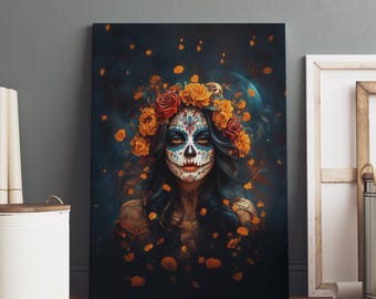 Arte de pared en lienzo con calavera de azúcar de Día de Muertos, arte de pared colgante de Día de Muertos, arte de pared en lienzo de Halloween, regalo de decoración gótica mexicana