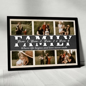 May include: A black framed collage with a gray background and the text "FAMILY" in white. The text is followed by "Name 1. Name 2. Name 3 & Name 4" and "Where life begins and love never ends". The collage features eight photos of a family in a natural setting.