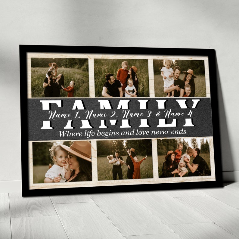 May include: A black framed collage with a gray background and the text "FAMILY" in white. The text is followed by "Name 1. Name 2. Name 3 & Name 4" and "Where life begins and love never ends". The collage features eight photos of a family in a natural setting.