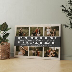 May include: A collage of family photos on a woodgrain background with the text "FAMILY" in large white letters and the text "Name 1. Name 2. Name 3 & Name 4" in smaller white letters. Below the text is the phrase "Where life begins and love never ends".