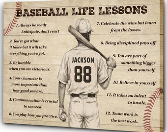 Tela personalizada com lições de vida do beisebol, arte de parede personalizada com nome e número do jogador, presente de futebol americano para meninos e homens, presente de aniversário de beisebol