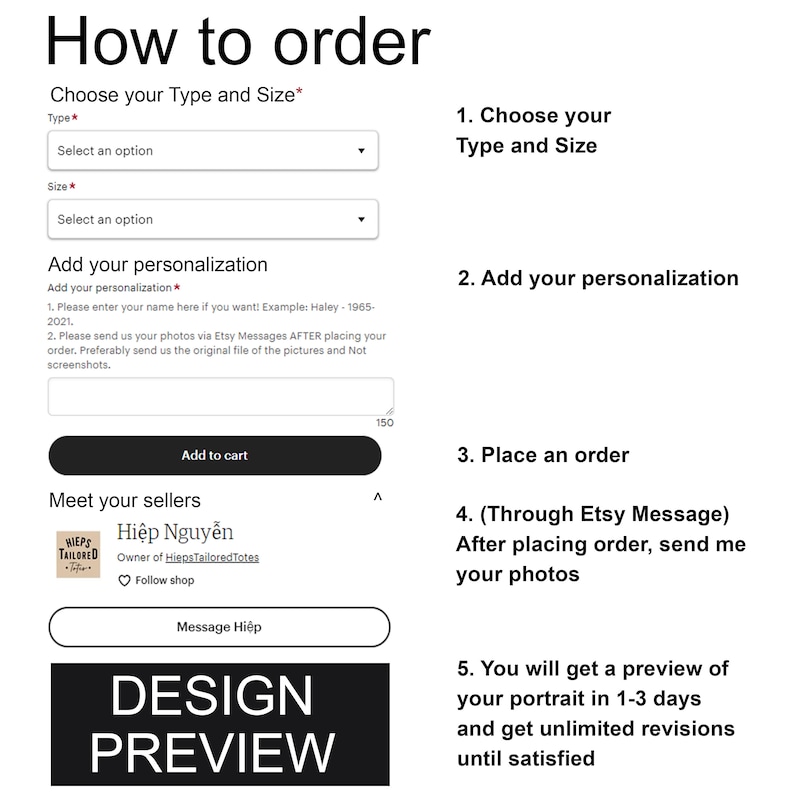 May include: A step-by-step guide on how to order a custom portrait. The steps include choosing the type and size, adding personalization, placing an order, sending photos, and receiving a preview. The image also includes a seller's information and a design preview.