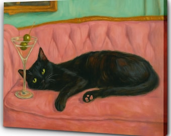 Black Cat & Martini Wall Art Print – Vintage Oil Painting Print, Retro Quirky Whimsical Poster, Cute Cat Lover Gift, Cocktail Bar Cart Decor
