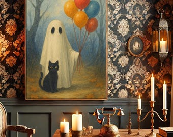 Poster spook en zwarte kat, gotische Halloween-olieverfschilderij, spookachtige Halloween-muurkunst, spookachtig decor vintage poster, decoratie Halloween