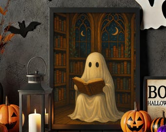 Fantasminha Lendo no Halloween, Pôster Vintage de Fantasma de Halloween, Tela Biblioteca Fantasma para Amantes de Livros, Impressão Gótica Aconchegante e Assustadora, Dark Academia