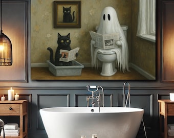 Ghost en zwarte kat in badkamer poster, grappige wc-humor print, griezelige schattige muurkunst, kattenbakdecor, kattenliefhebber cadeau, woondecoratie