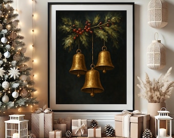 Vintage Christmas Bells Print, Framed Canvas Christmas Wall Art, Dark Festive Print, Moody Christmas Print, Dark Christmas Print