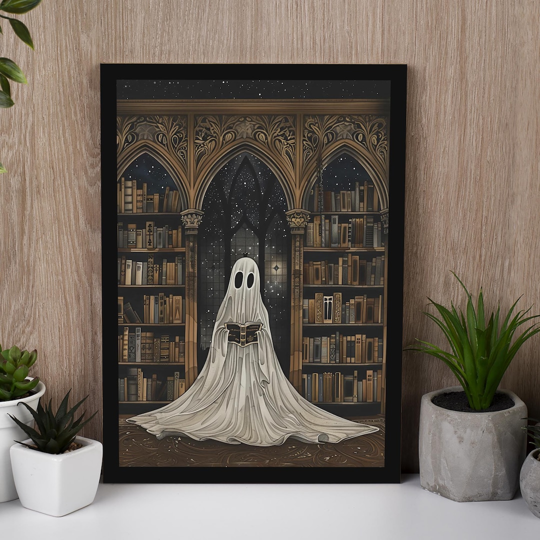 Reading Ghost Wall Art, Vintage Halloween Ghost Poster, Ghost Library ...
