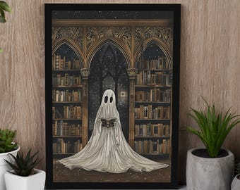 Quadro de parede Fantasma Lendo, Pôster Vintage de Halloween com Fantasma, Tela Biblioteca Fantasma para Amantes de Livros, Impressão Gótica Aconchegante e Assustadora, Decoração Dark Academia