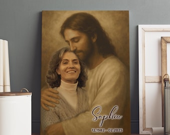 May include: A sepia-toned canvas print depicts a tender embrace between two figures. One figure, with long brown hair, cradles the other, a woman with short, curly hair. The name "Sophia" and dates "12.1982 - 02.2025" are scripted on the bottom right.