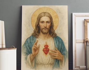 Watercolor Sacred Heart of Jesus Print, Classic Christ Portrait with Halo, Religious Devotional Decor, Christian Art, Catholic Art Print