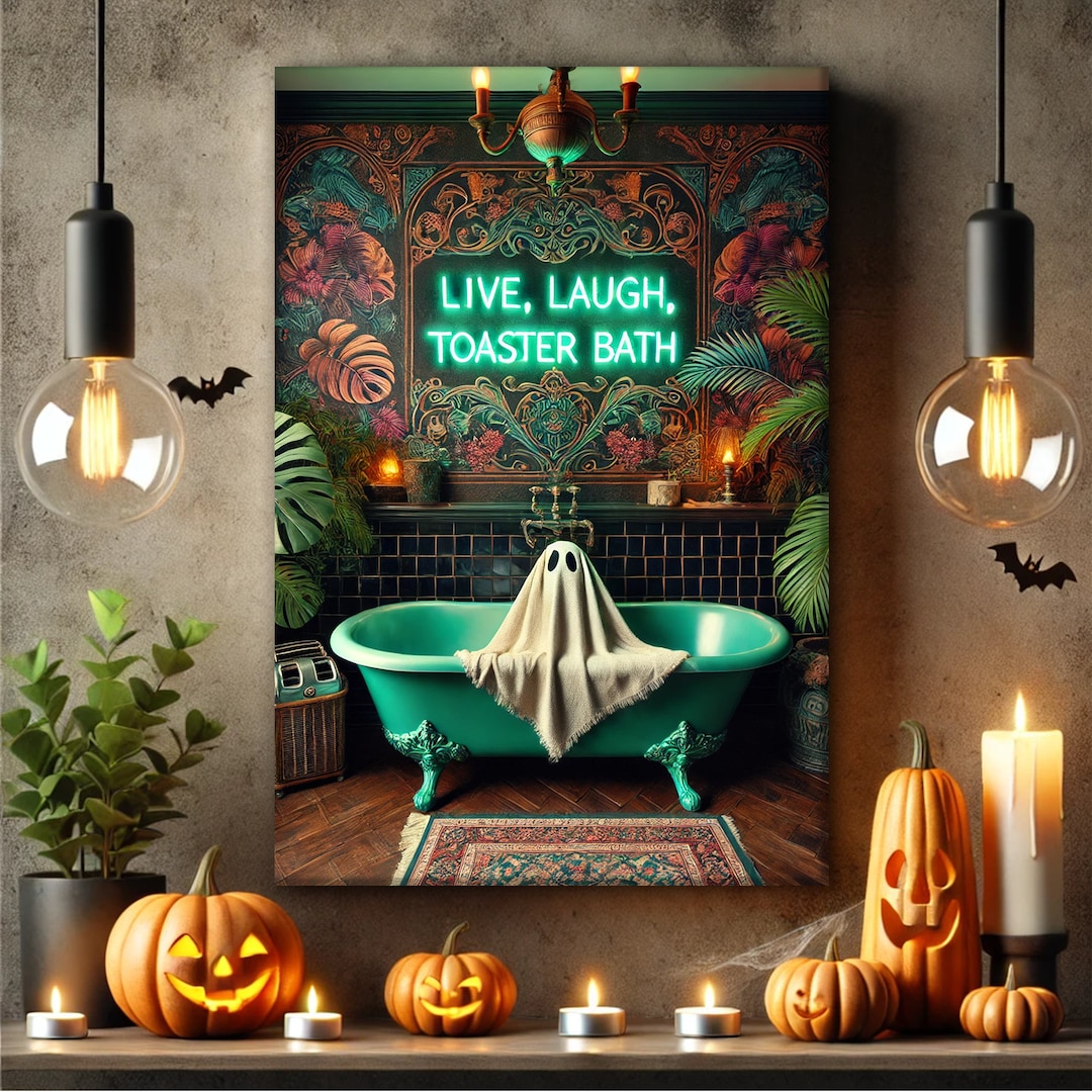 Live, Laugh, Toaster Bath - Tropical Gothic Bathroom Canvas, Funny Ghost Print, Maximalist Decor, Cottagecore Style Canvas, Tropigoth Poster