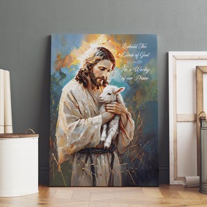 Behold The Lamb Of God, Easter Canvas, Easter Decor, Spring Poster, , Jesus is the Good Shepherd, Jesus Holding a Lamb, Gicée Canvas Print