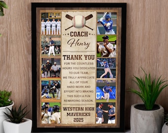 Puede incluir: Un collage enmarcado con temática de béisbol con un borde negro. El collage incluye fotos de jugadores de béisbol y el texto "COACH Henry THANK YOU" con un mensaje de agradecimiento. También son visibles las palabras "Western High Mavericks 2025".