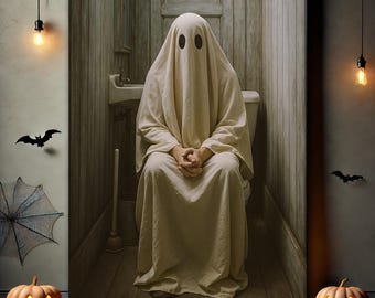 Ghost Sitting on a Toilet Poster, Funny Ghost Bathroom Art, Halloween Bathroom Decor, Spooky Ghost Canvas, Toilet Humor Wall Print