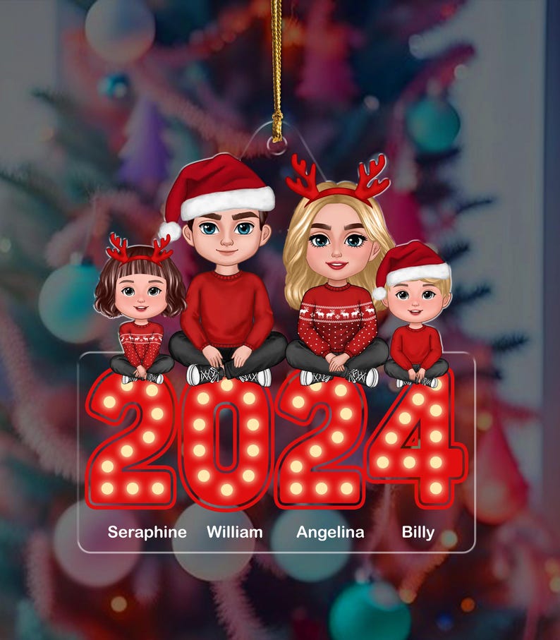 Personalized Family Sitting Acrylic Ornament 2024, Christmas Ornament