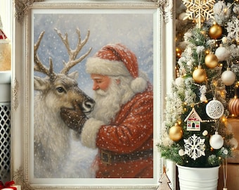 Retro Santa Wall Art, Vintage Santa Reindeer Print, Rustic Christmas Printables, Christmas Home Decor, Winter Holiday Digital Download