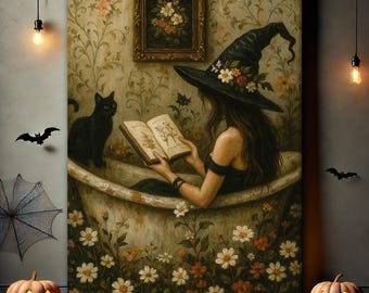 May include: A vintage-style Halloween-themed canvas print. It depicts a witch in a black hat reading a book in a floral bathtub, with a black cat. The artwork has a warm color palette, with pumpkins and bats. A framed floral painting hangs on the wall.