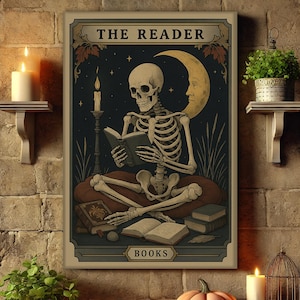 The Reader Tarot Wall Art, Skeleton Reader Tarot Card Wall Art, Book Lover Gift, Witchy Reading Nook Art, Bookish Witchy Library Decor