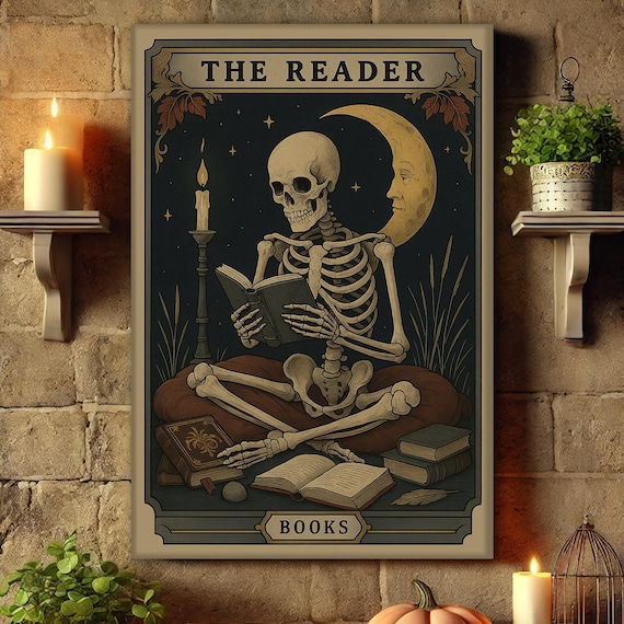 The Reader Tarot Wall Art, Skeleton Reader Tarot Card Wall Art, Book Lover Gift, Witchy Reading Nook Art, Bookish Witchy Library Decor
