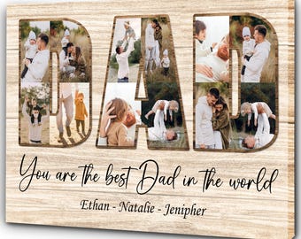 Personalisierte Papa Leinwand Drucke, individuelle Name Familie Foto Collage Geschenke, Vatertags Geschenke, rustikale Holz Faux Drucke, Geburtstagsgeschenk für Papa