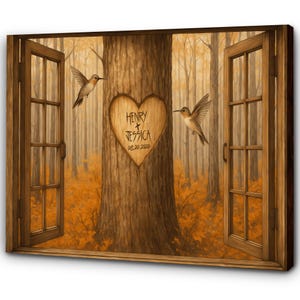Op de afbeelding: Een ingelijste canvas print met een boslandschap door open houten ramen. Een hartvormige gravure op een boomstam luidt "Henry + Jessica 08.20.2020". Twee kolibries vliegen in de buurt van de boom. Het bos heeft herfstkleuren.