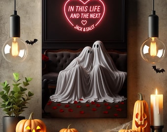 Letreiro de Neon Personalizado com Nomes para Casamento - Esta Vida e a Próxima, Estampa de Fantasma, Presente de Casamento Gótico, Presente de Aniversário, Presente de Dia dos Namorados