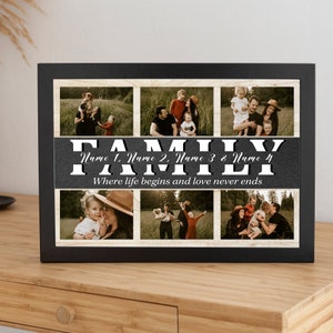 May include: A black framed collage with six photos of a family. The photos are arranged in a grid pattern. The collage has a gray background with the text "FAMILY" in large white letters. Below the text, it says "Name 1, Name 2, Name 3 & Name 4" and "Where life begins and love never ends."