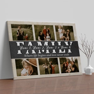 May include: A collage canvas print with a woodgrain background featuring six photos of a family. The photos are arranged in a grid pattern. The text "FAMILY" is written in large white letters across the middle of the canvas with the words "Name 1, Name 2, Name 3 & Name 4" written below the word "FAMILY". The text "Where life begins and love never ends" is written below the names.