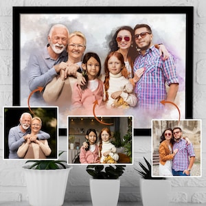 Custom Watercolor Family Portrait From Merging Multiple Photos Canvas,  Family Photo, Add someone to Photo, Add Deceased Loved One to Photo