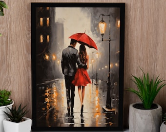 Couple In Love In The Rain Under Umbrella Impressionist Painting Canvas Print, Love Couple Painting, Bedroom Decor, Valentine Gift